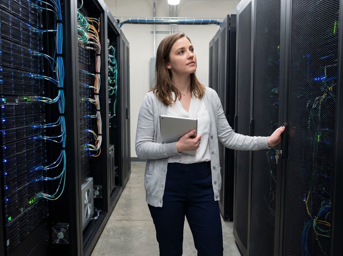 Jeune femme en tenue professionnelle vérifiant un serveur dans un centre de données