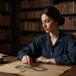 Femme contemplant un symbole infini gravé dans un bureau en chêne ancien dans une bibliothèque historique