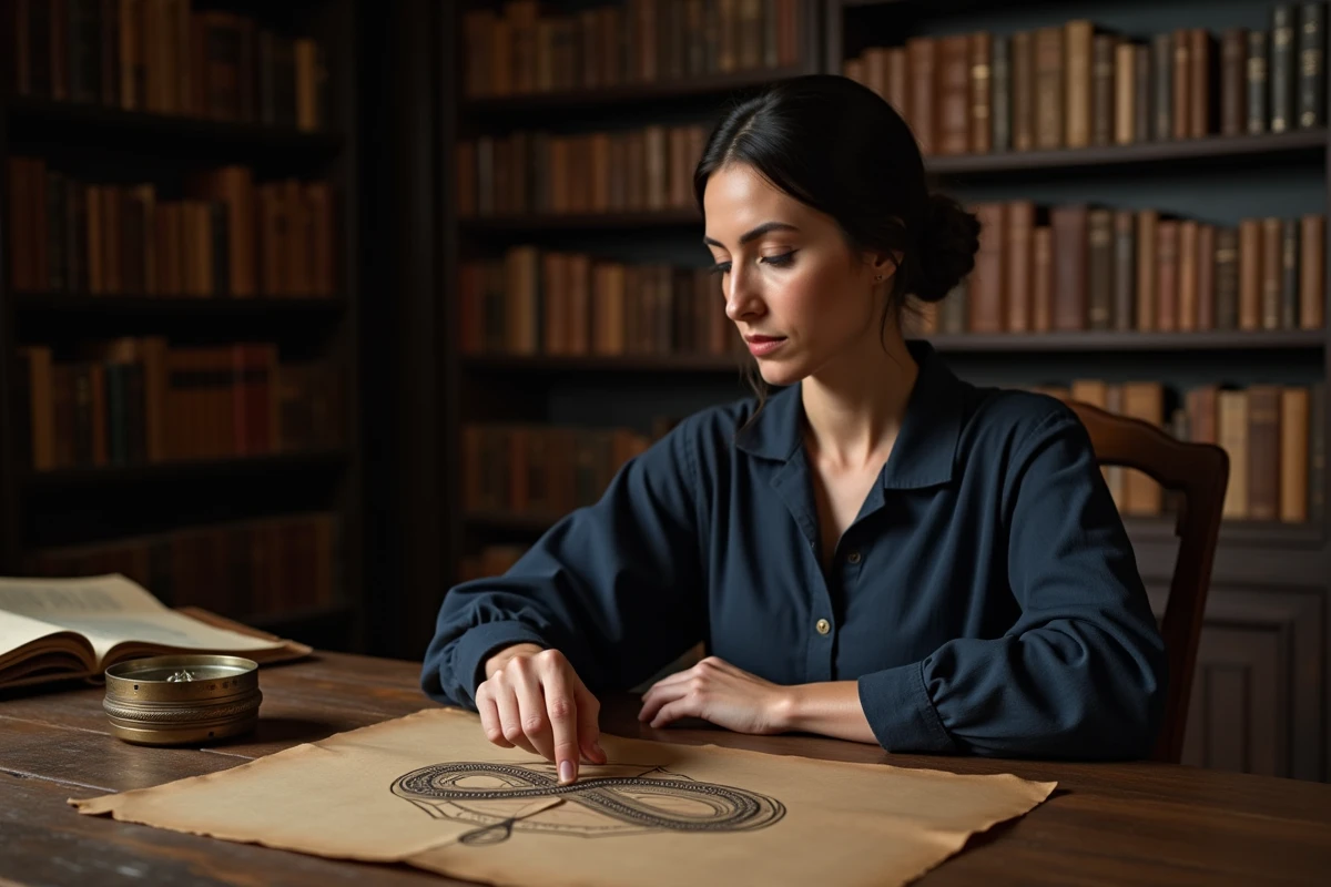 Femme contemplant un symbole infini gravé dans un bureau en chêne ancien dans une bibliothèque historique