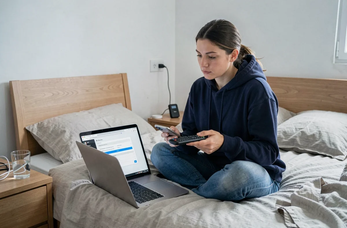 Femme configurant un hotspot mobile pour connecter un Fire Stick sans wifi dans une chambre