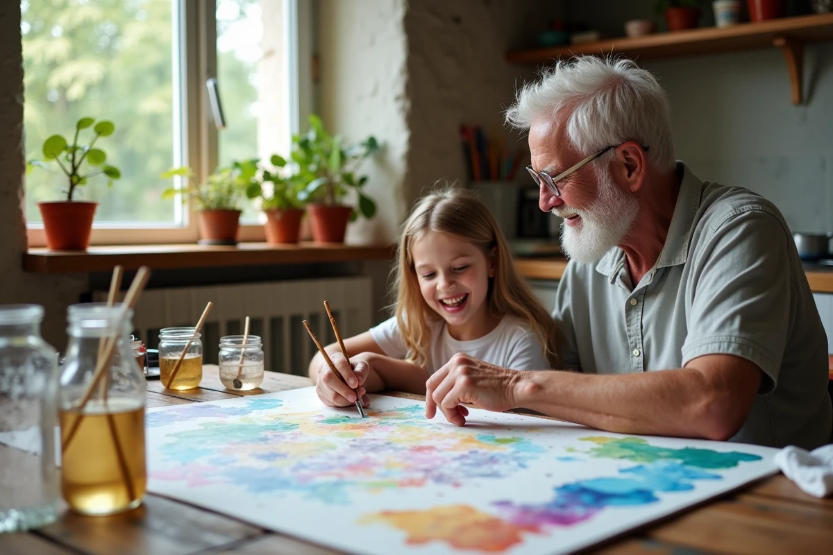 Grand-père et petite-fille peignant ensemble à l'aquarelle dans une cuisine familiale