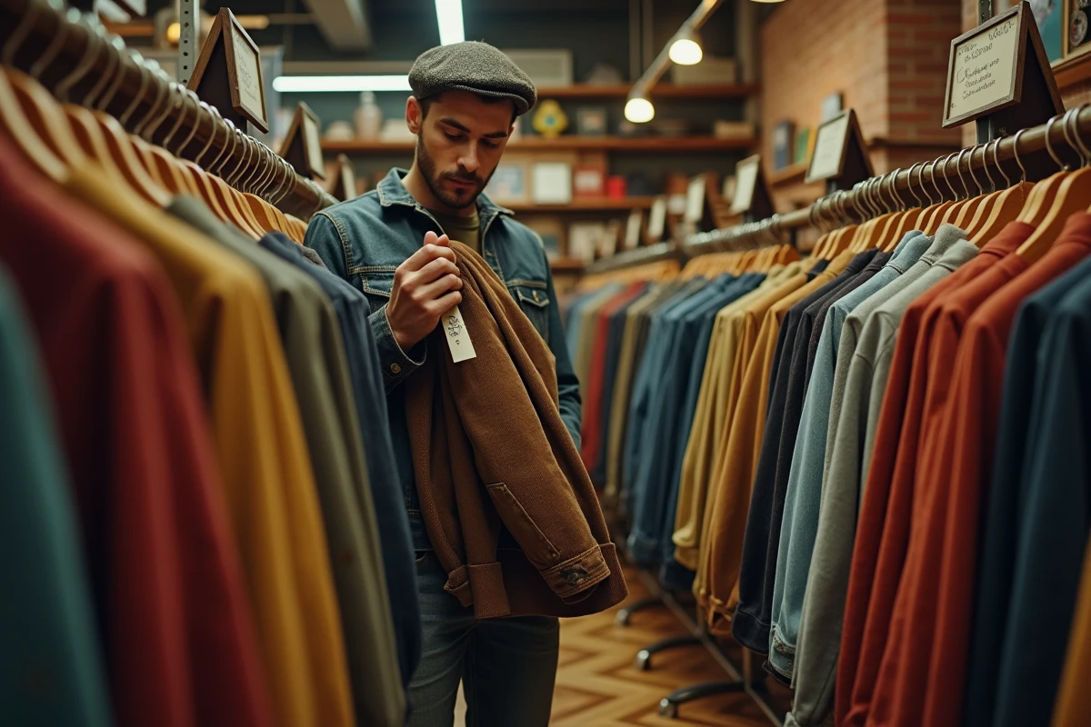 Homme évaluant le prix d'une veste vintage dans une friperie pour estimer son budget total