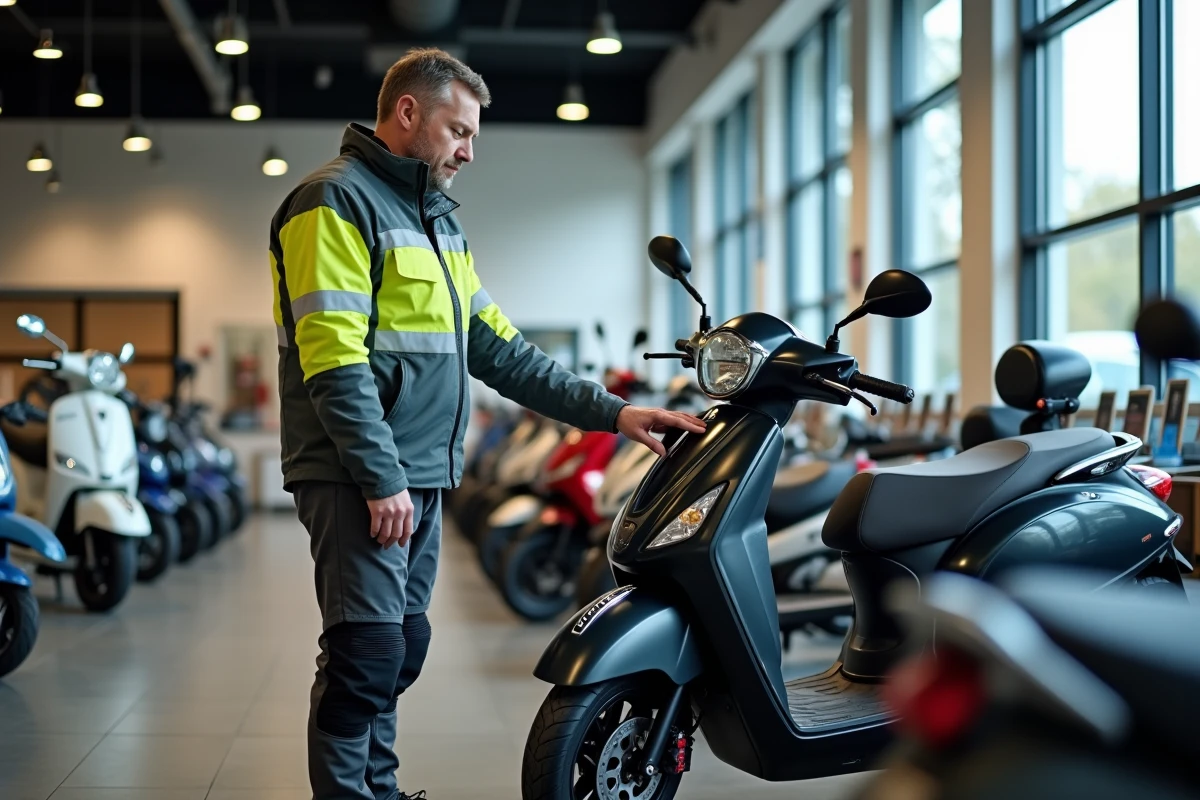 Homme de petite stature comparant la hauteur de selle de deux maxi scooters dans une concession moto, guide d'achat pour petit gabarit