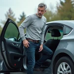 Homme avec hernie discale s'installant prudemment dans le siège conducteur d'une voiture adaptée