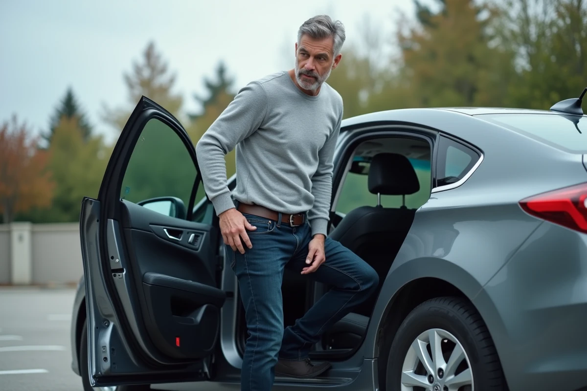 Homme avec hernie discale s'installant prudemment dans le siège conducteur d'une voiture adaptée