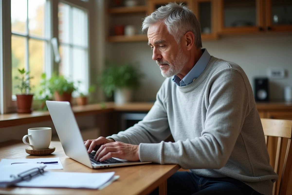 Homme de 60 ans consultant en ligne les conditions d'obtention de sa prime de fin de carrière depuis son domicile