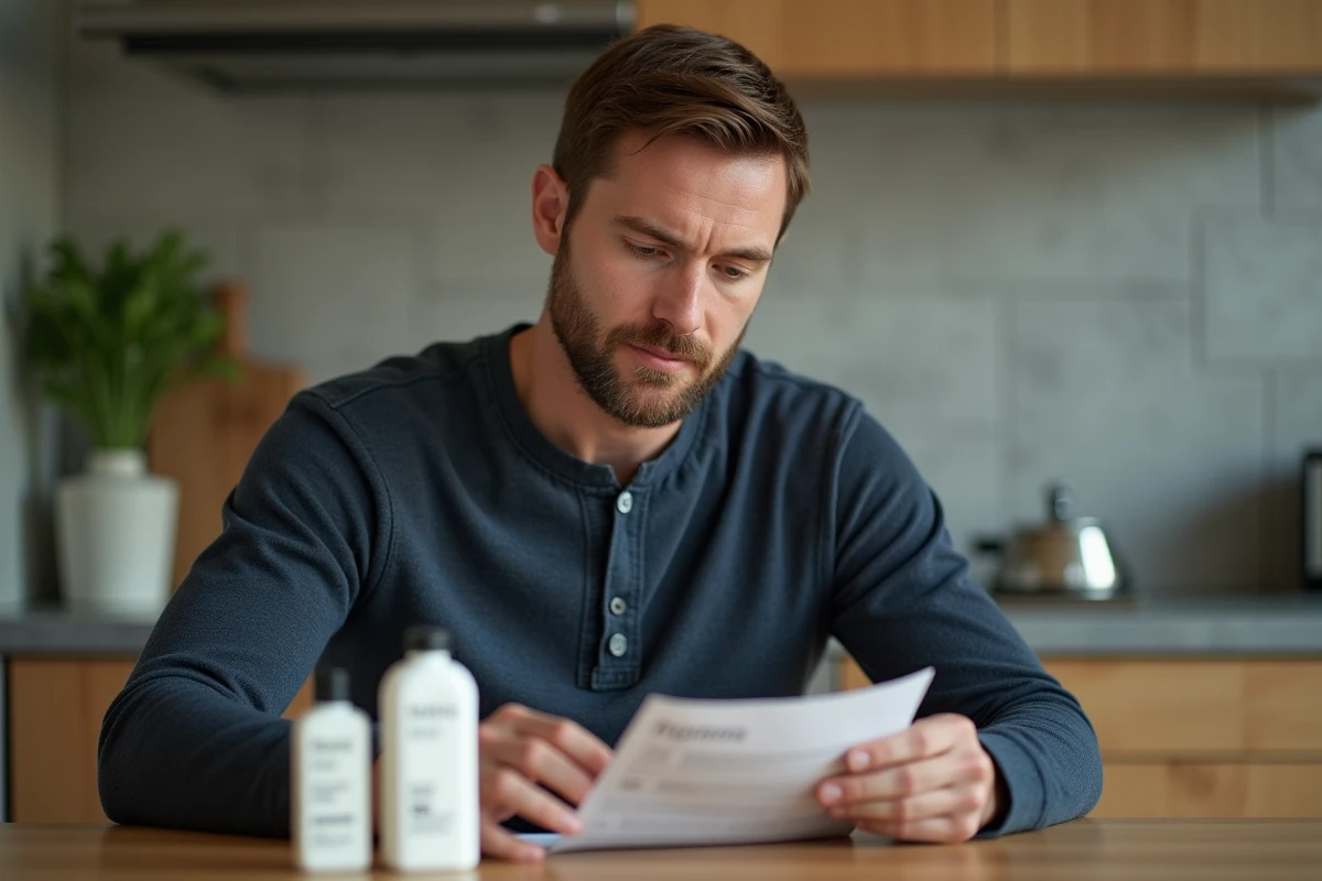 Homme lisant une notice d'information sur des produits à la maison, assis à une table en bois dans une cuisine moderne