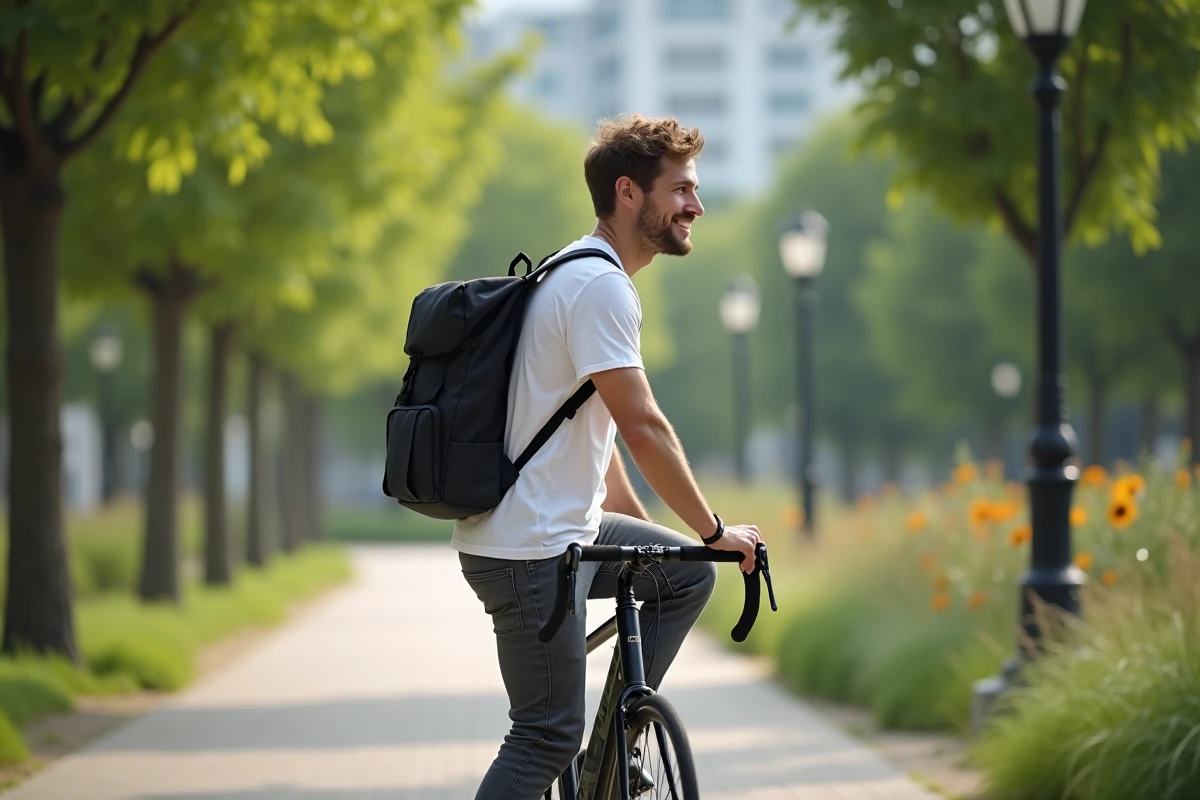 Jeune homme en vélo dans un parc urbain vert