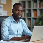 Journaliste beninois en pleine rédaction avec ordinateur et papiers