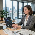 Journaliste femme travaillant dans une salle de rédaction moderne avec tablette et ordinateur portable, illustrant l'évolution du journalisme numérique
