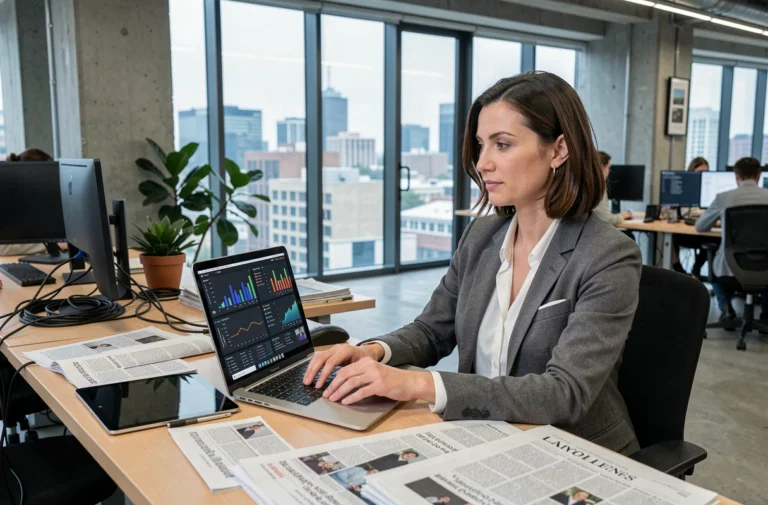 Journaliste femme travaillant dans une salle de rédaction moderne avec tablette et ordinateur portable, illustrant l'évolution du journalisme numérique