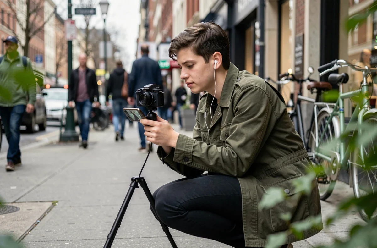 Jeune journaliste de terrain filmant un reportage en direct dans la rue avec caméra et smartphone, symbole du journalisme mobile et numérique