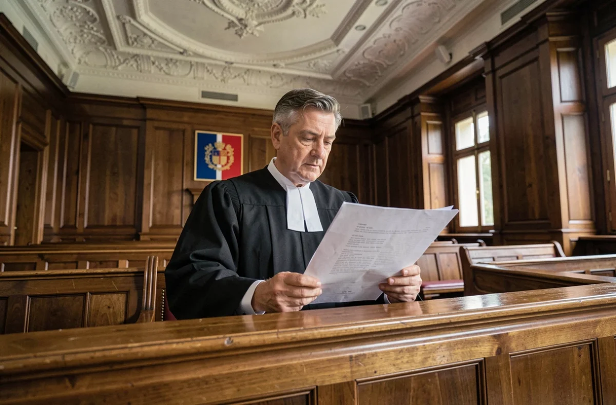 Juge en robe officielle dans une salle d'audience française examinant un jugement relatif aux sanctions pénales pour harcèlement moral