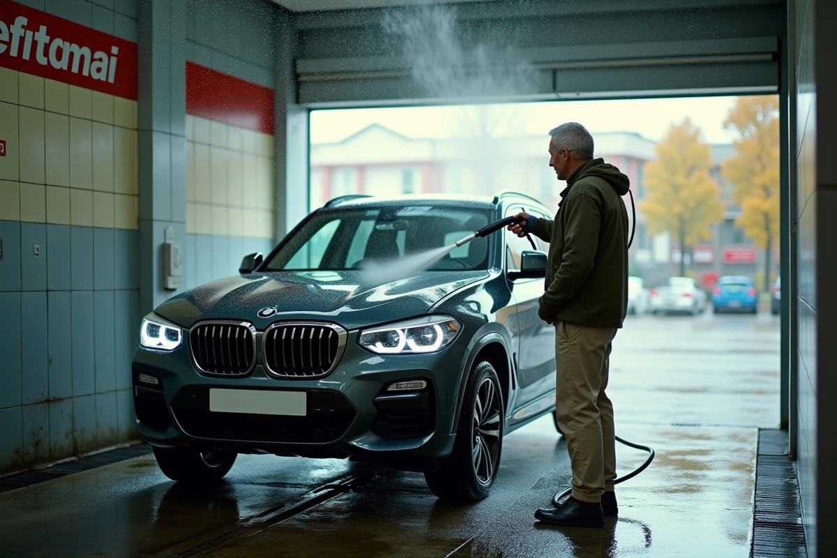 Homme nettoyant son SUV à la station de lavage auto en libre-service, entretien extérieur de voiture