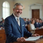 Maire en costume bleu lors d'un discours de mariage en intérieur