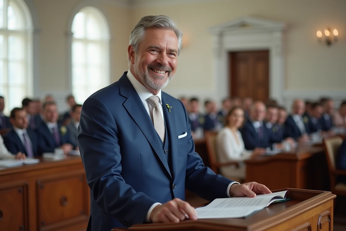 Maire en costume bleu lors d'un discours de mariage en intérieur