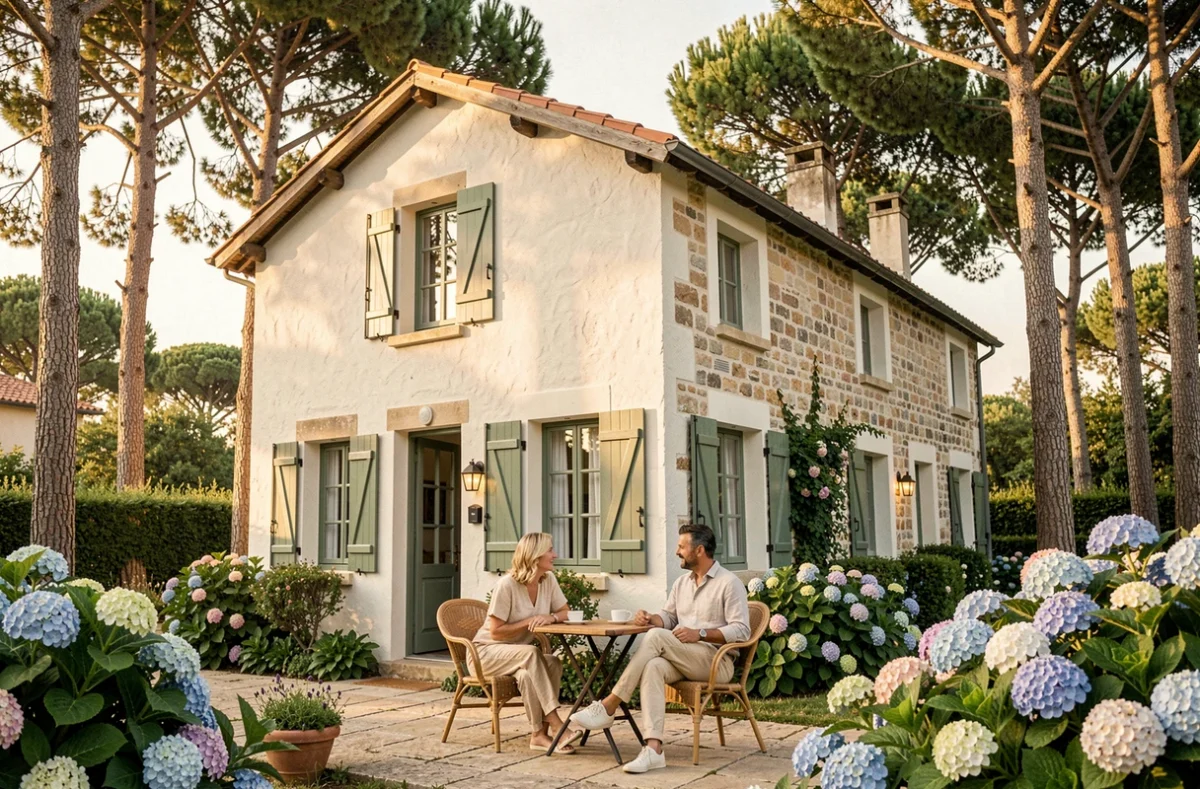 Façade d'une maison d'hôtes de charme de style landais au cœur du Bassin d'Arcachon, entourée de pins maritimes et d'hortensias, avec un couple profitant de la terrasse