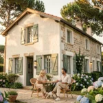 Façade d'une maison d'hôtes de charme de style landais au cœur du Bassin d'Arcachon, entourée de pins maritimes et d'hortensias, avec un couple profitant de la terrasse