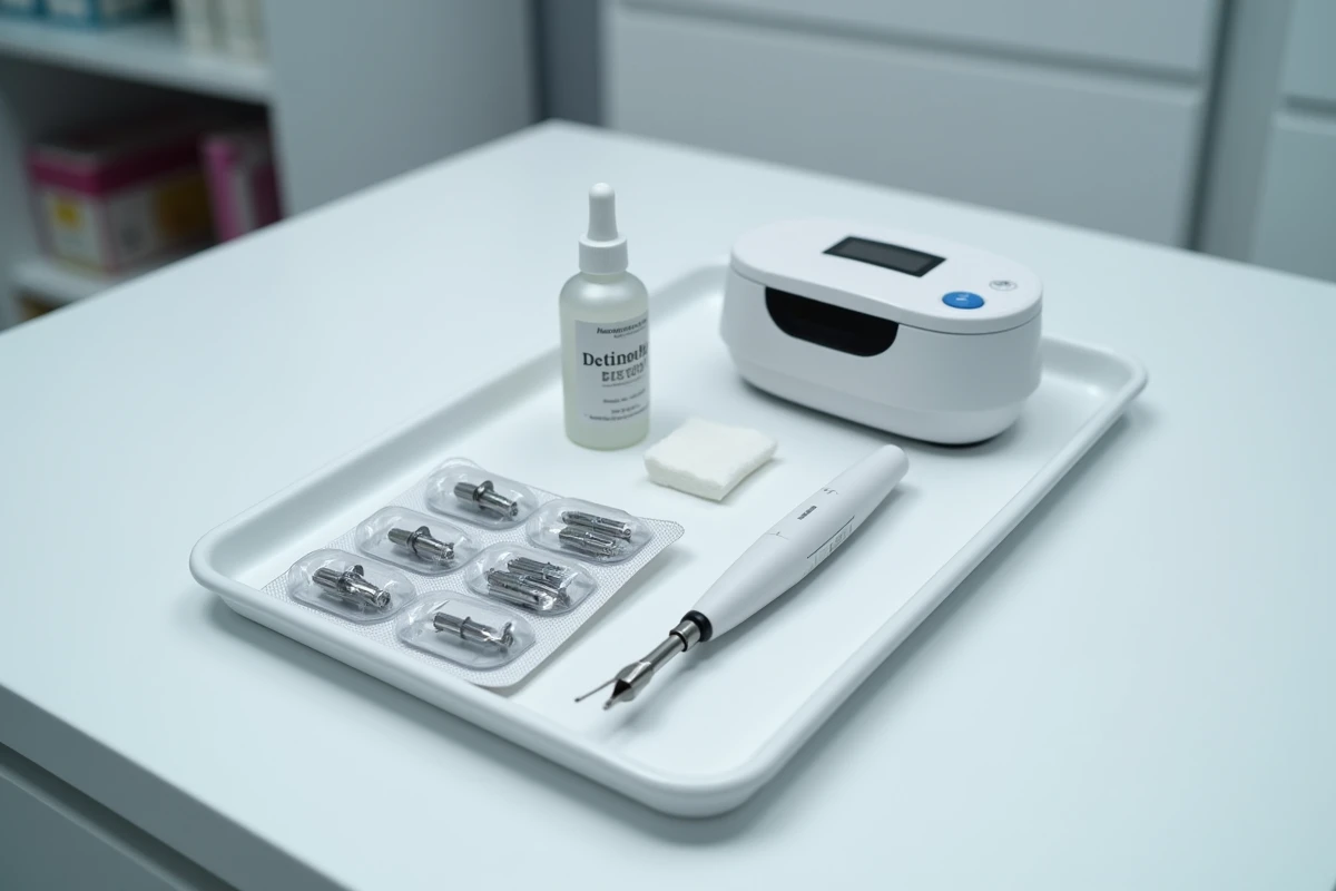 Matériel professionnel d'électrolyse pour épilation du visage disposé sur un plateau clinique stérile