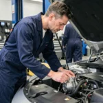 Mécanicien inspectant un moteur électrique sous le capot d'un véhicule moderne dans un atelier automobile professionnel