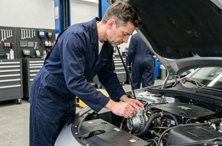 Mécanicien inspectant un moteur électrique sous le capot d'un véhicule moderne dans un atelier automobile professionnel