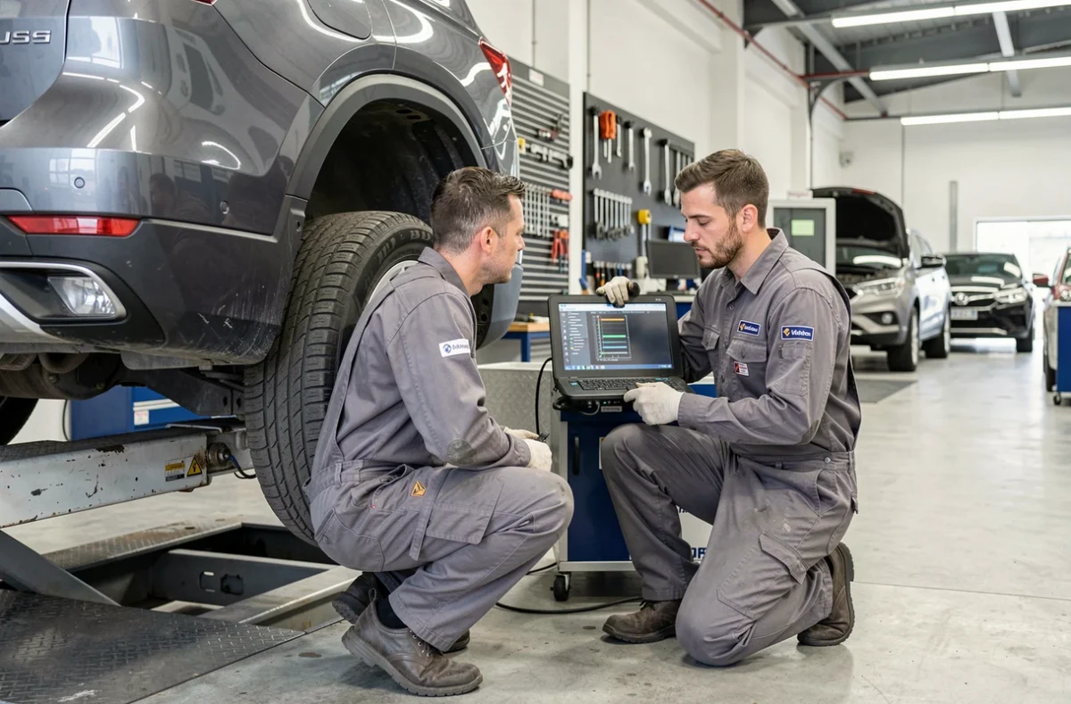 Mécaniciens réalisant un contrôle d'alignement des roues sur un SUV dans l'atelier Armoric Auto