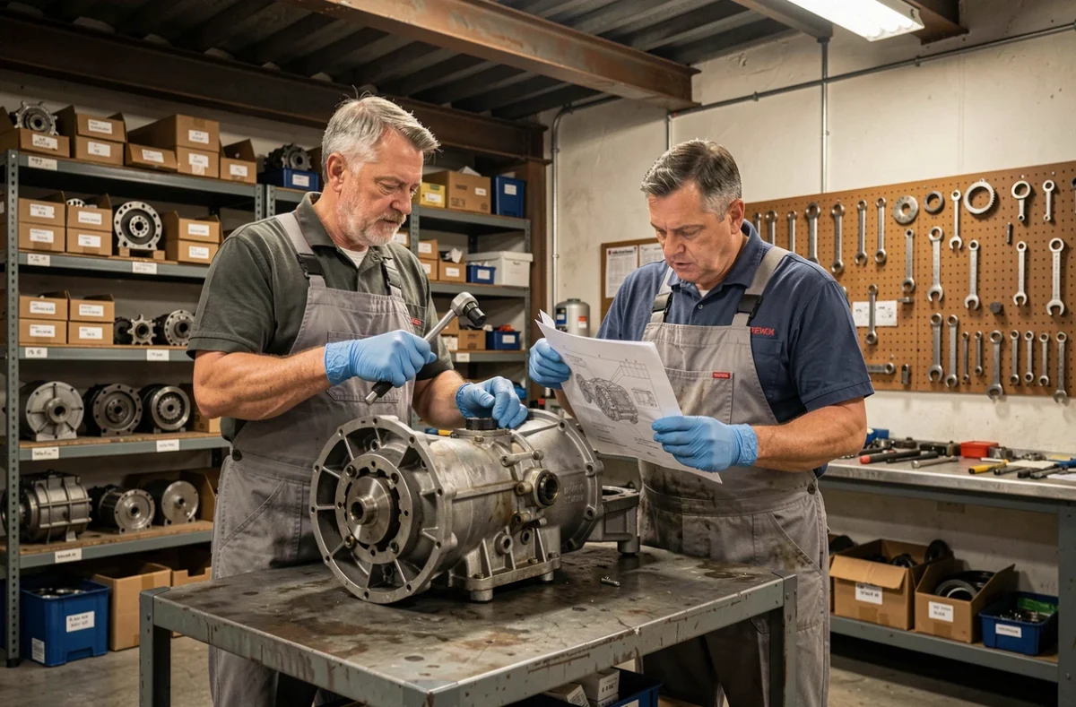 Deux mécaniciens assemblant une transmission hybride sur un établi dans un atelier mécanique industriel