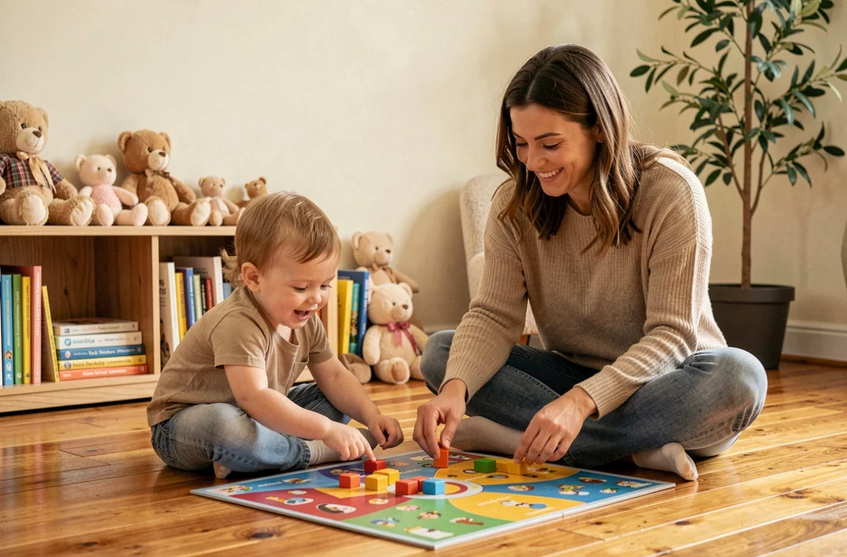 Mère et enfant jouant ensemble à un jeu de société coloré sur le parquet d'un salon familial chaleureux