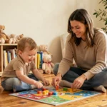 Mère et enfant jouant ensemble à un jeu de société coloré sur le parquet d'un salon familial chaleureux