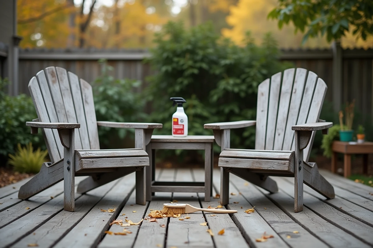 Ensemble de meubles de jardin en bois grisé avec produit dégriseur et brosse posés sur une terrasse en bois