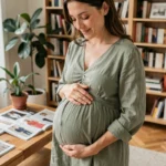 Femme enceinte élégante en robe lin verte dans un appartement parisien entouré de magazines de mode