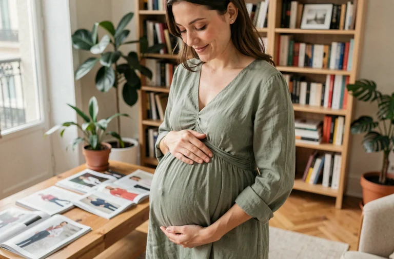 Femme enceinte élégante en robe lin verte dans un appartement parisien entouré de magazines de mode