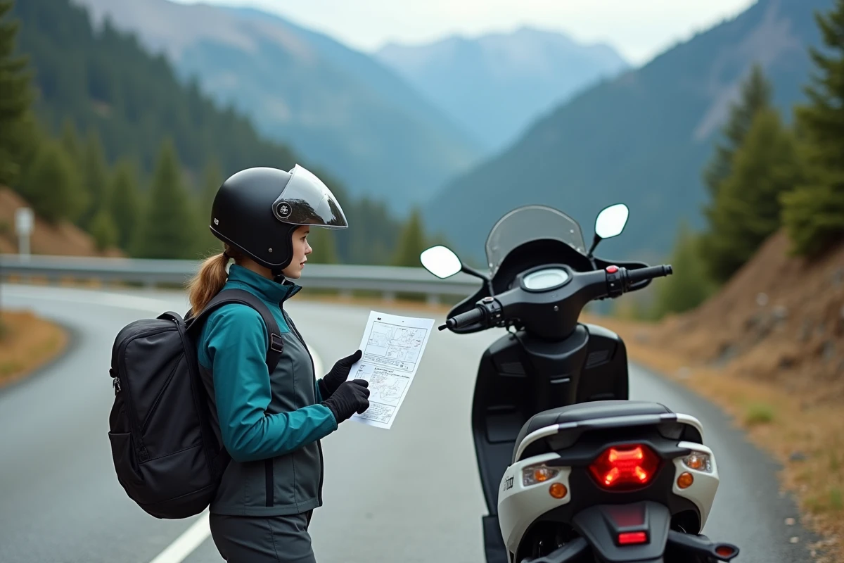 Motarde de petite taille consultant les caractéristiques d'un maxi scooter de tourisme sur une route de montagne, choix ergonomique pour petit gabarit