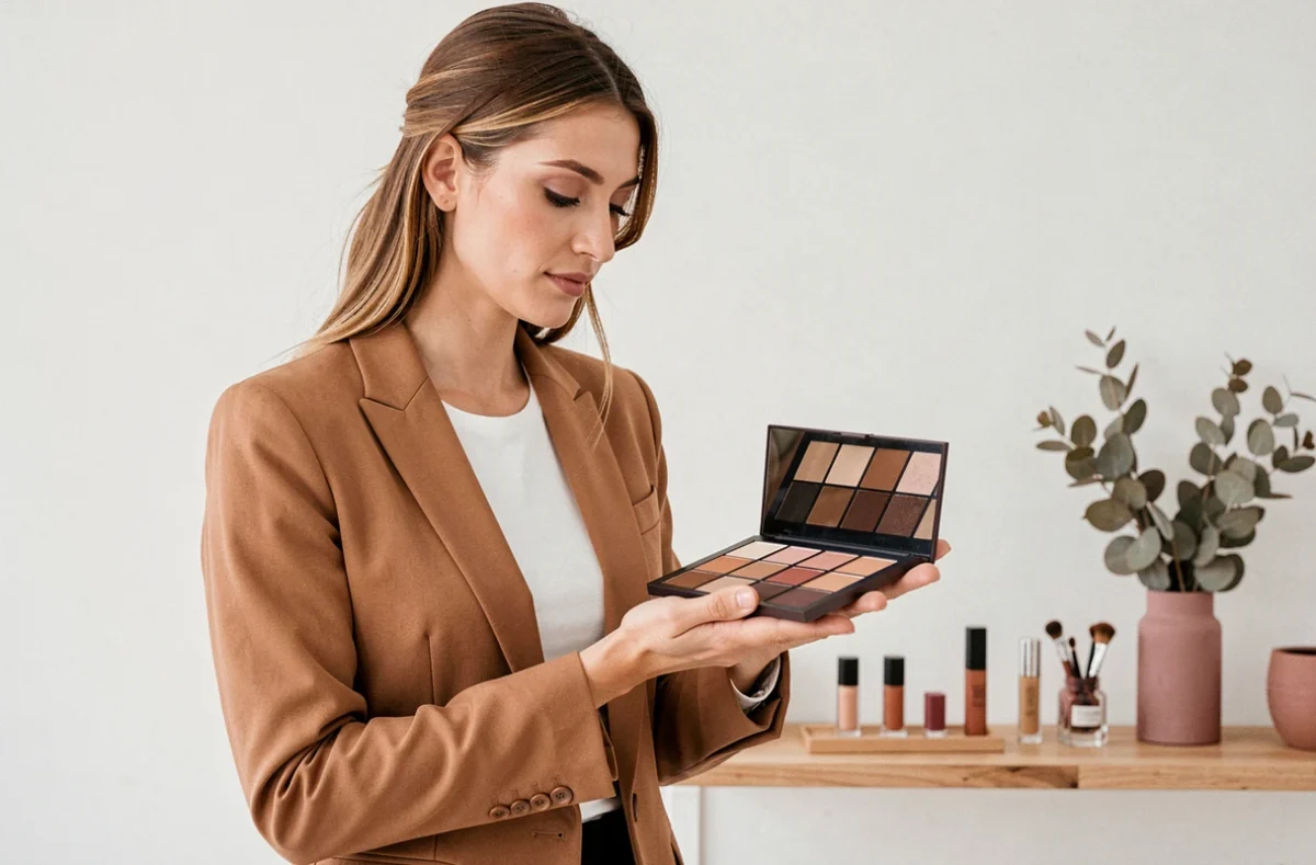 Femme tenant une palette de fards à paupières aux tons terreux dans un studio beauté minimaliste moderne