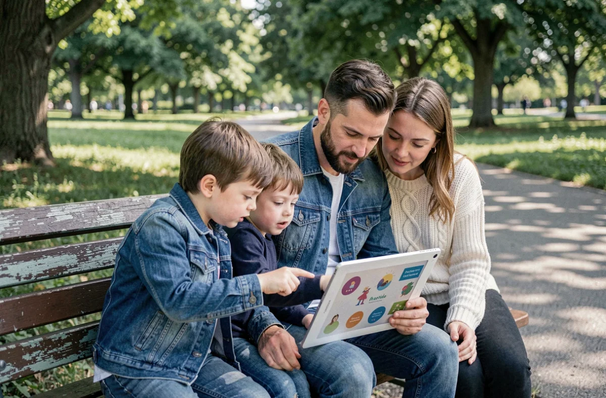 Parents et enfant consultant ensemble une tablette éducative sur un banc de parc en plein air