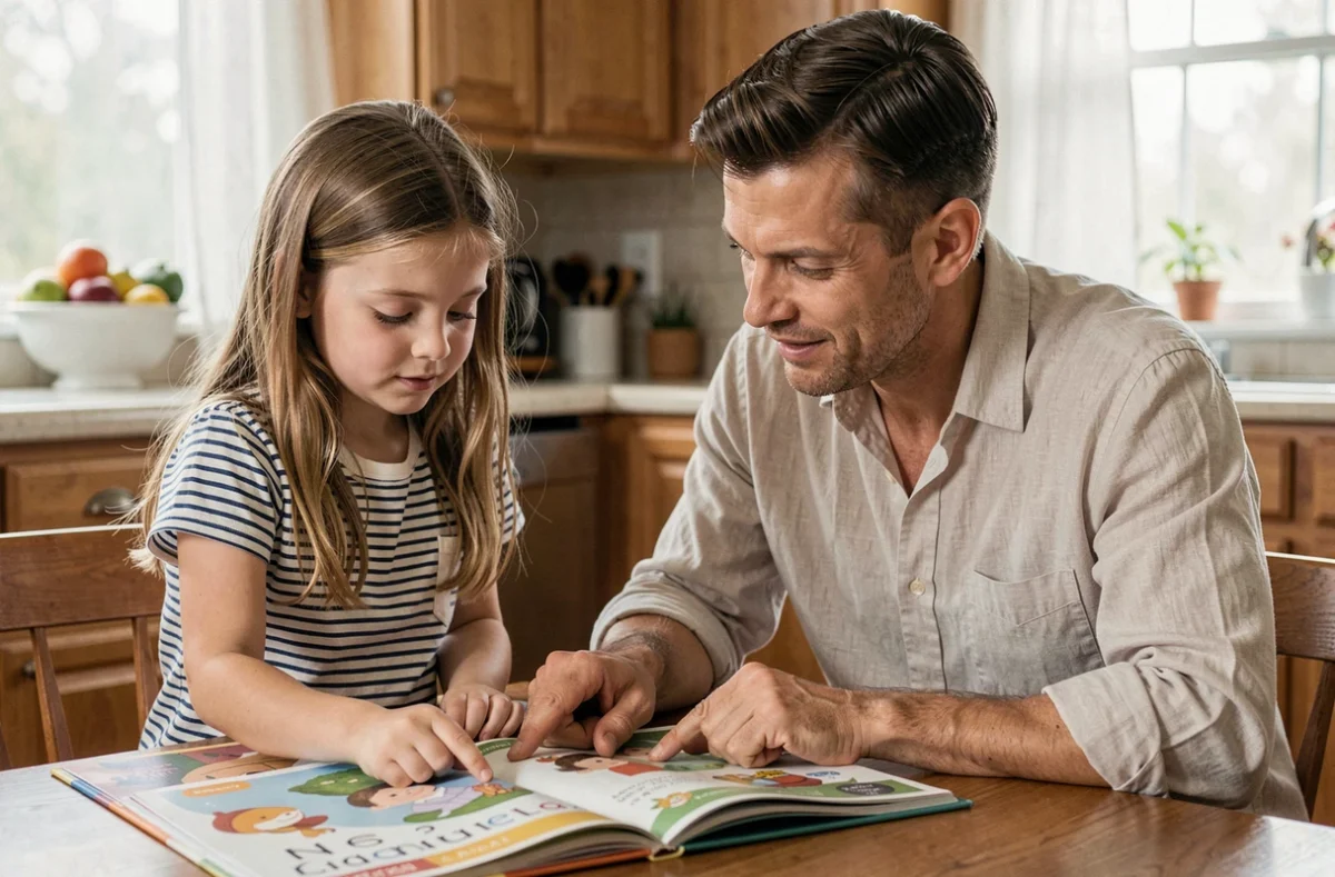Père aidant sa fille à lire un livre d'activités illustré à la table de la cuisine