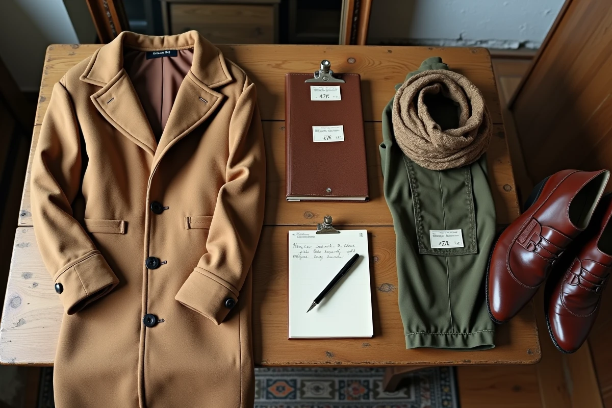 Planification d'un budget garde-robe vintage avec des vêtements étiquetés et une liste de prix manuscrite
