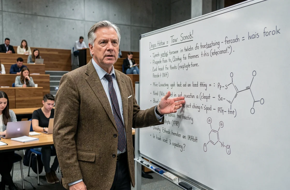 Professeur de droit expliquant l'intersection entre droit et sciences devant un tableau dans un amphithéâtre