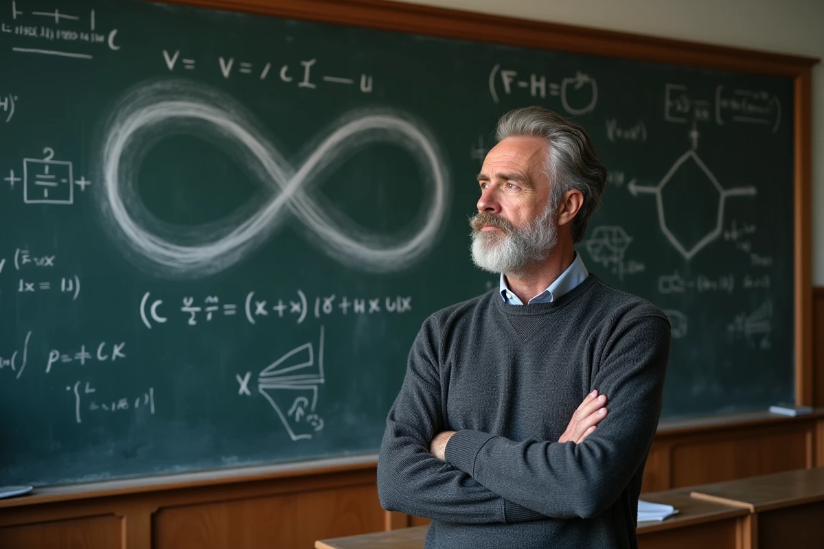Professeur de mathématiques devant un tableau avec le symbole infini et des équations à la craie