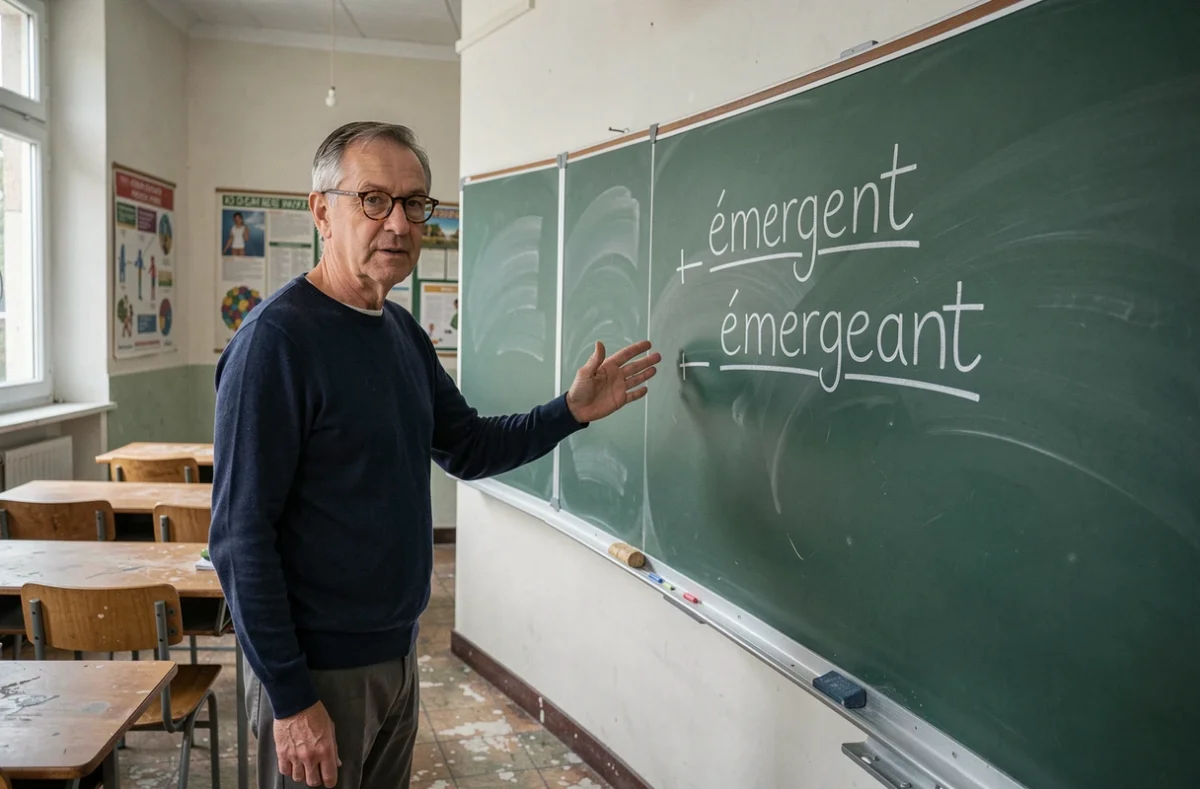Professeur de français devant un tableau expliquant la différence orthographique entre émergent et émergeant en classe