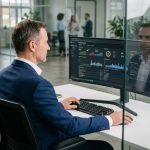 Homme d affaires en costume bleu analysant des données de securite