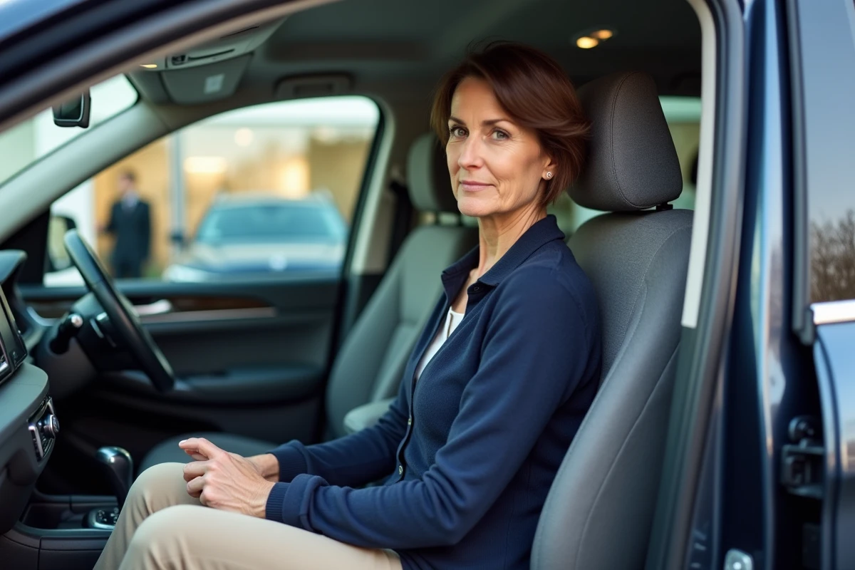 Femme réglant le support lombaire d'un siège conducteur de SUV pour soulager une hernie discale