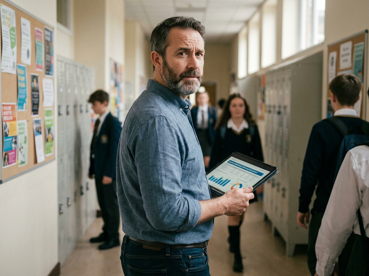 Responsable pédagogique consultant un rapport de performance publicitaire dans un couloir d'école