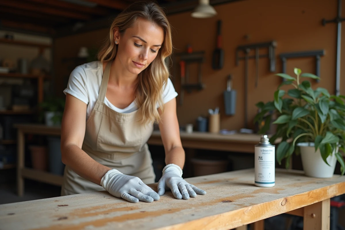 Femme ponçant un banc de jardin en bois après application d'un dégriseur dans un atelier de bricolage