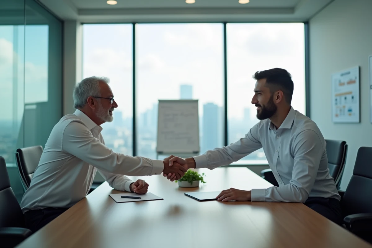 Homme senior signant un accord de fin de carrière lors d'une réunion professionnelle avec un responsable des ressources humaines