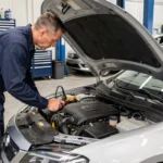 Technicien automobile professionnel inspectant le moteur d'une voiture dans un garage Armoric Auto