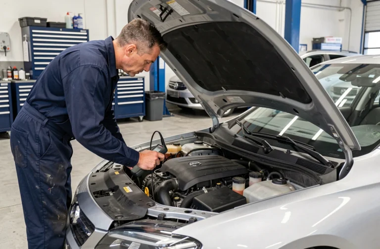 Technicien automobile professionnel inspectant le moteur d'une voiture dans un garage Armoric Auto