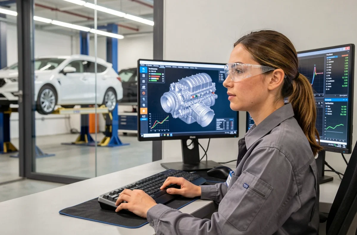 Technicienne en mécanique analysant des données diagnostiques sur écran dans un centre automobile moderne