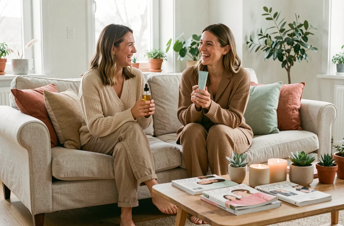 Deux femmes comparant des produits de beauté tendance assises sur un canapé en lin dans un salon de style scandinave