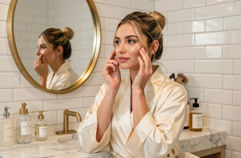 Femme appliquant un sérum lumineux sur son visage devant une coiffeuse en marbre dans une salle de bain de style parisien